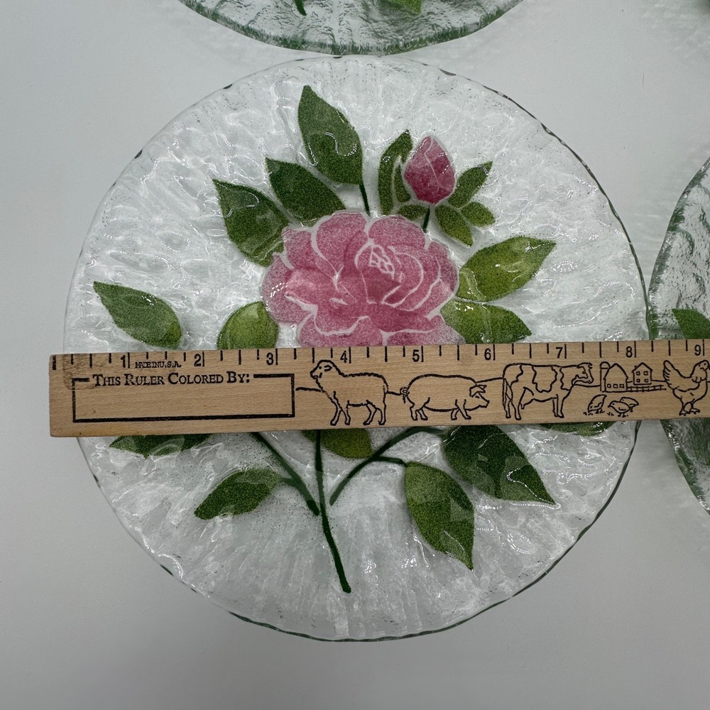 Sydenstricker Fused Glass Pink Rose Plates Set of 4 Signed Syd Cape Cod 8.25in - Picture 2 of 12